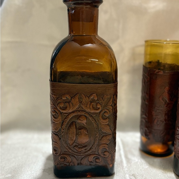 Vintage Amber Glass Decanter Set with Leather Wrap - Picture 5 of 14